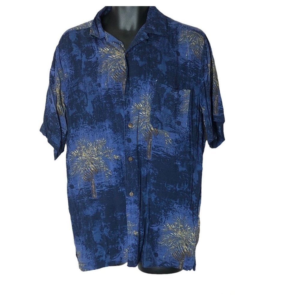 Montego Bay Blue W/ Palm Hawaiian Rayon Camp Mens Short Sleeve Shirt L Button Up
